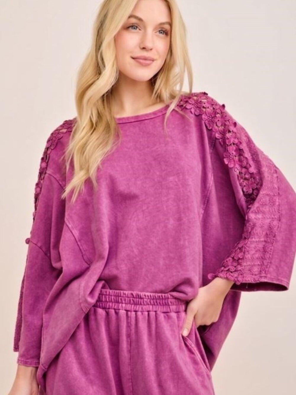 NEW - J Her now in PLUS SIZES - J10 Magenta Mineral Washed Flower Detailed Top